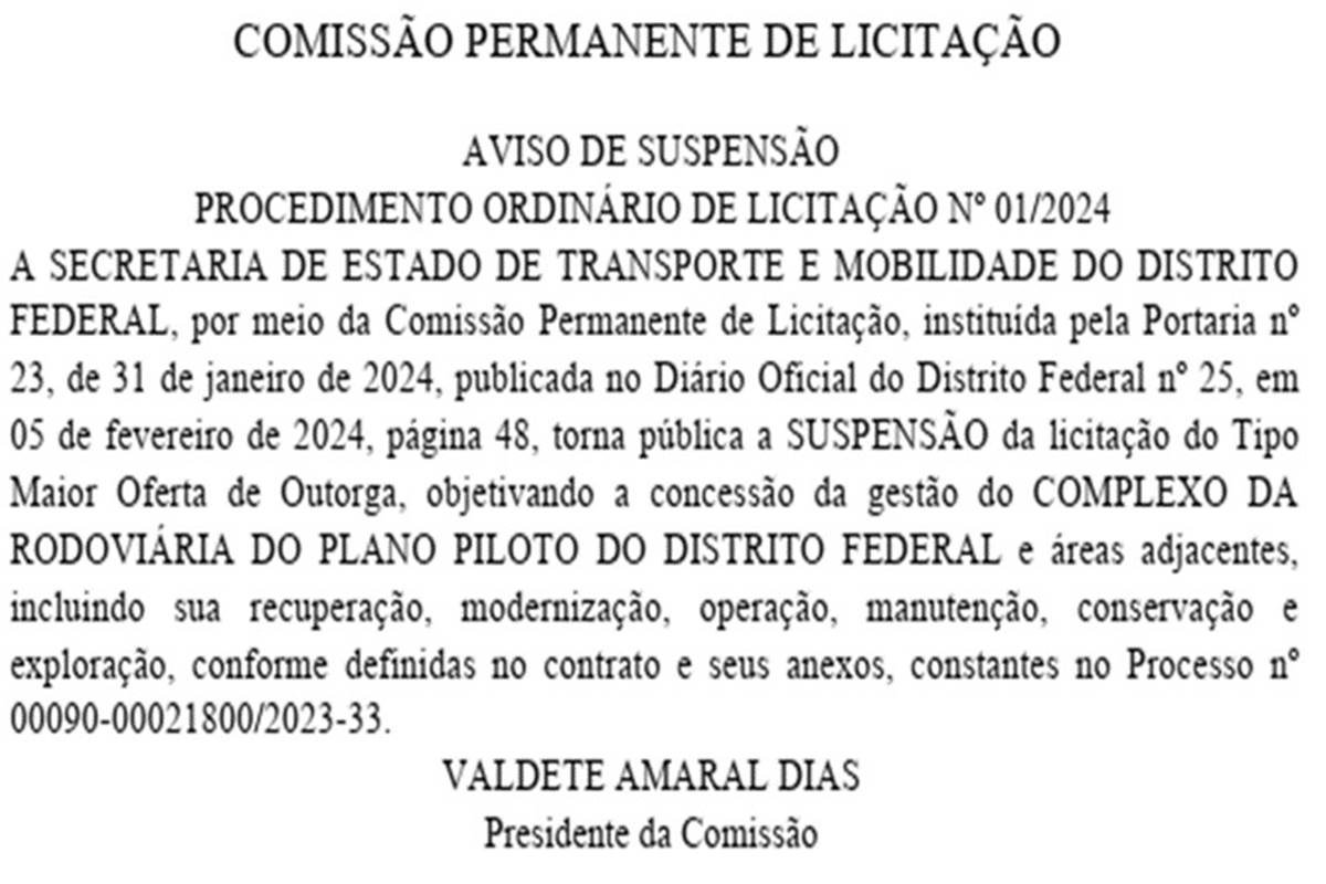 Suspensão licitação da Rodoviária do Plano Piloto