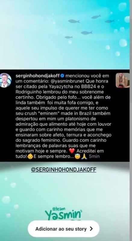 Sérgio reage após ser citado por Yasmin no BBB 24 - Foto: Instagram