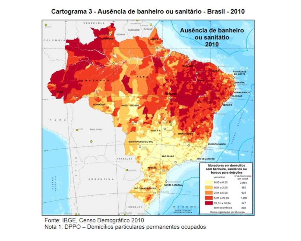 Mapa de distribuição de banheiro por UF no Brasil em 2010 - Metrópoles