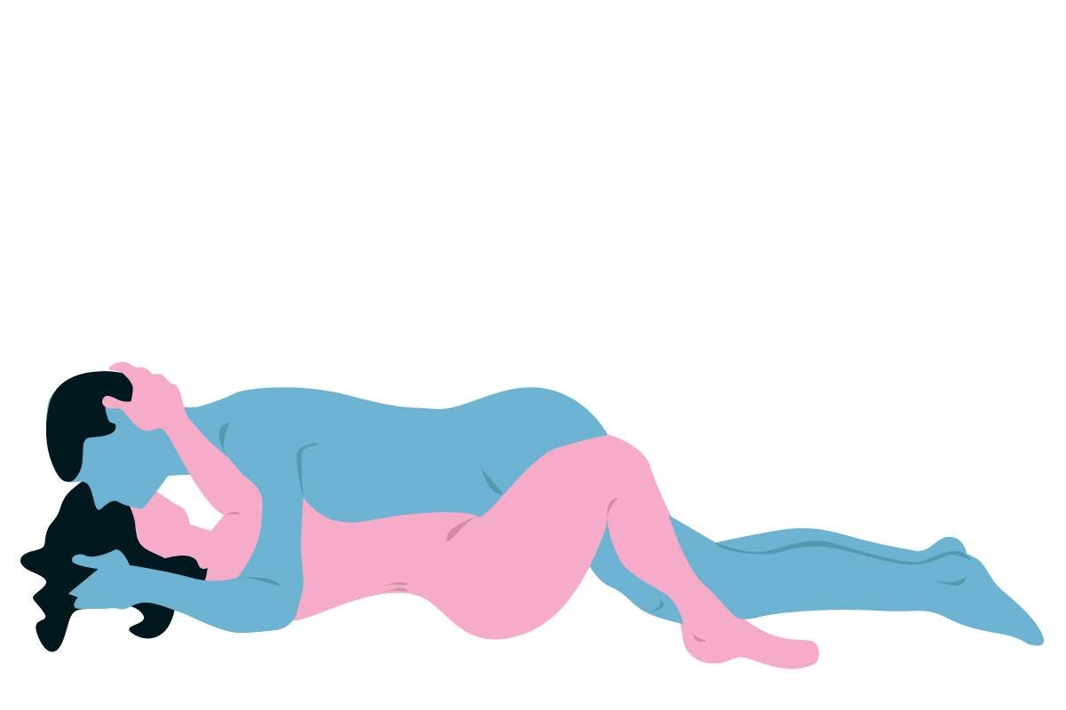 Ilustração de posição sexual com um homem em azul e uma mulher em cor-de-rosa - Metrópoles