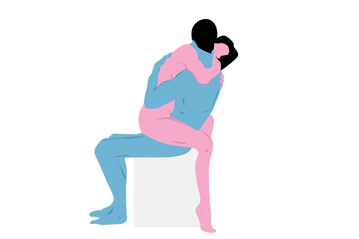 Ilustração de posição sexual com um homem em azul e uma mulher em cor-de-rosa - Metrópoles