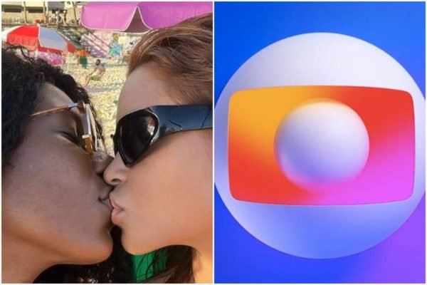 Montagem com fotos coloridas de duas mulheres se beijando e a logo da Rede Globo