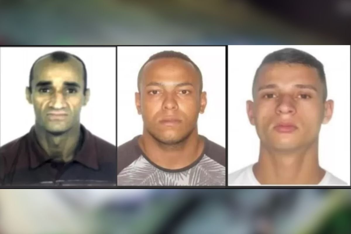 Imagem colorida mostra fotos dos três suspeitos de matar um PM de folga e sua filha após tiroteio em frente a uma farmácia na zona norte de São Paulo - Metrópoles