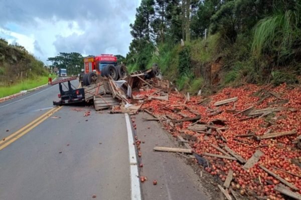 Caminhão com carga de maçã tomba e casal morre em rodovia em SC