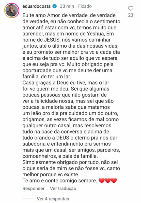 Print de resposta de Eduardo Costa à declaração da esposa - Metrópoles