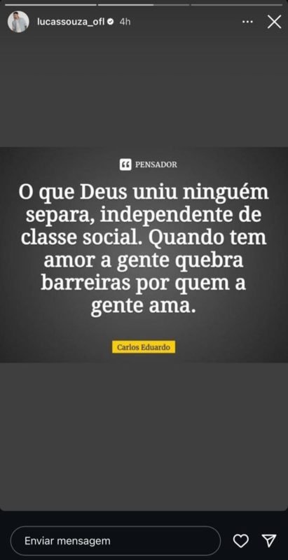Print Lucas Souza após rompimento com Jaquelline - Metrópoles