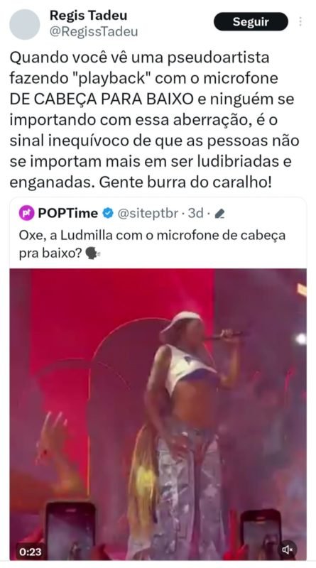 Print de Regis Tadeu sobre apresentação de Ludmilla - Metrópoles