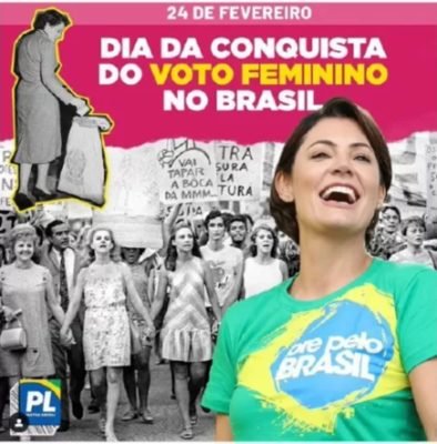 Foto colorida da publicação feita nas redes sociais do PL Mulher traz uma montagem de Michelle Bolsonaro com a famosa foto das atrizes da Marcha dos Cem Mil, realizada contra a ditadura em 1968