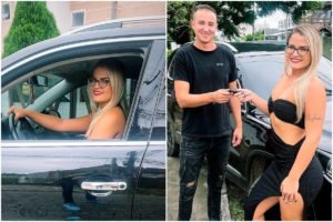 Montagem com fotos coloridas de homem prensenteando esposa com carro de R$ 200 mil