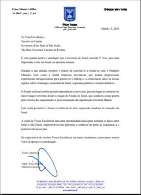 Carta do primeiro-ministro de Israel para o governador Tarcísio de Freitas