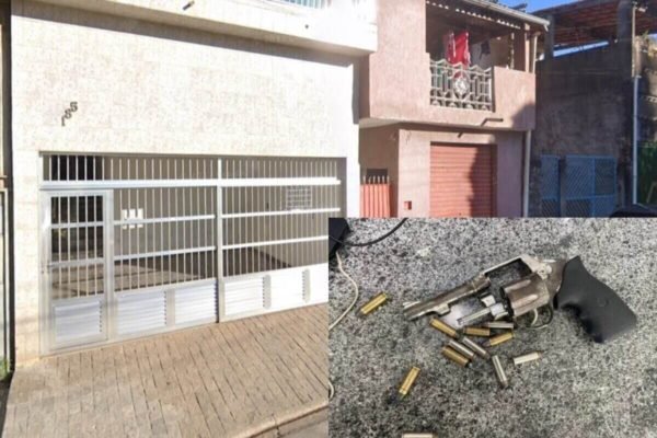 Montagem com foto de fachada de casa, com portão prateado e parece cor de gelo, e revólver com munições ao redor no destaque, na lateral direita - Metrópoles
