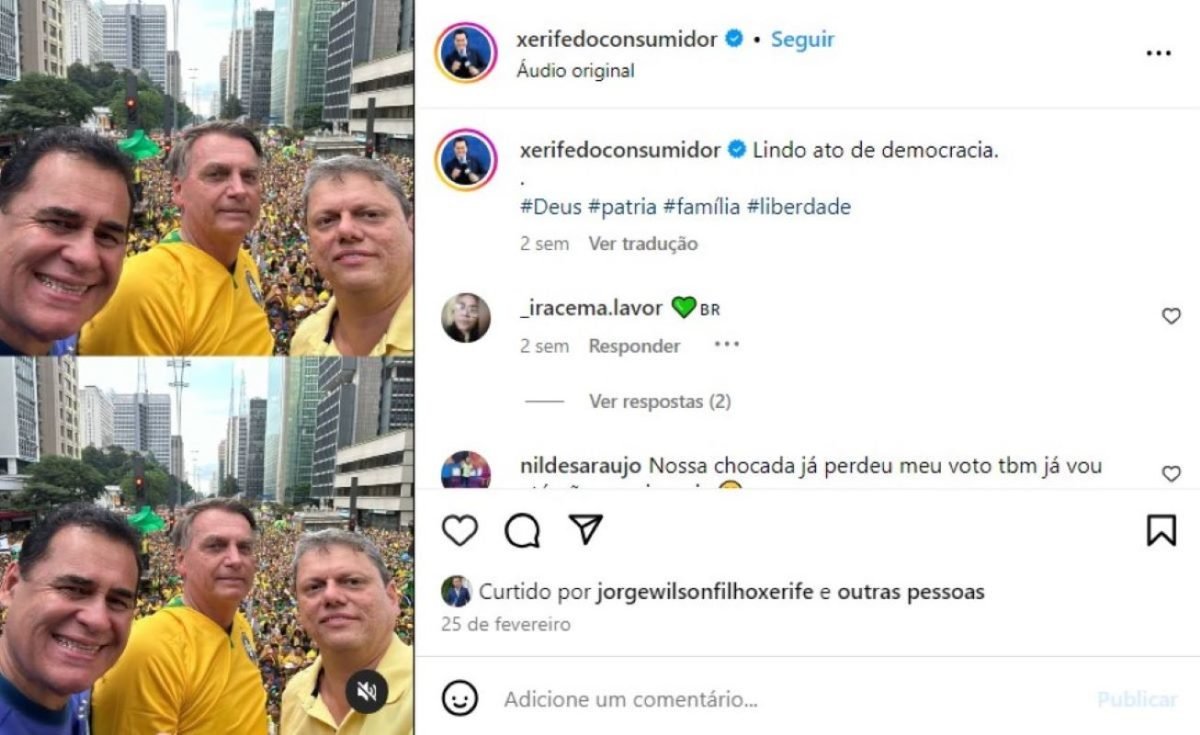 Post de Jorge Wilson Xerife do Consumidor ao lado de Tarcísio e Bolsonaro - Metrópoles