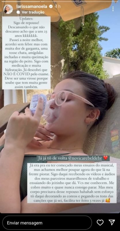 Larissa Manoela posa durante nebulização após mal-estar - Metrópoles