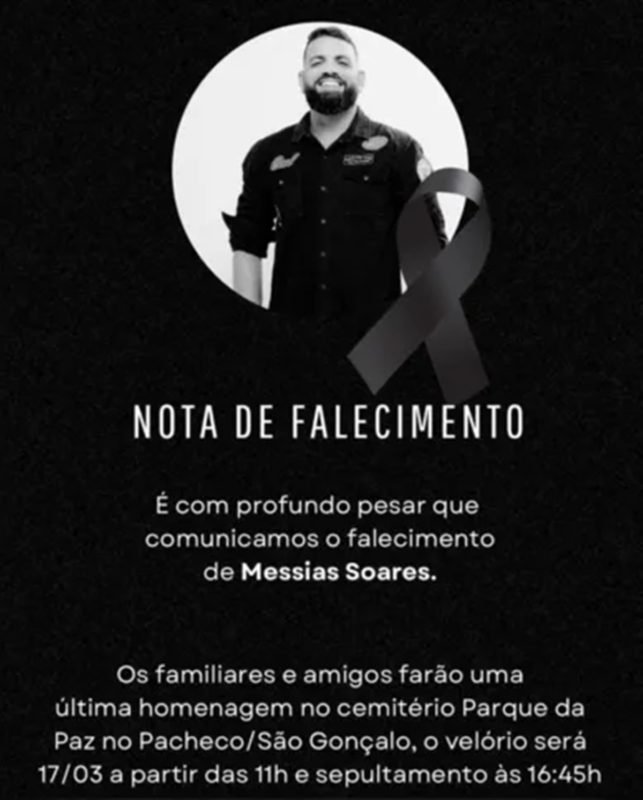 Nota de falecimento do cantor Messias Soares -Metrópoles