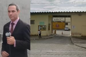 Imagem colorida mostra o jornalista e ex-apresentador de TV Marcelo Carrião ao lado da fachada do Centro de Detenção Provisória (CDP) de São Vicente - Metrópoles