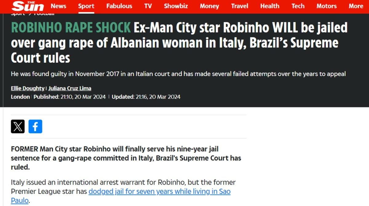Jornal The Sun sobre Robinho cumprir pena no Brasil - Metrópoles