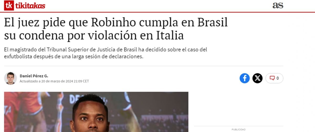 Jornal AS sobre Robinho cumprir pena no Brasil - Metrópoles