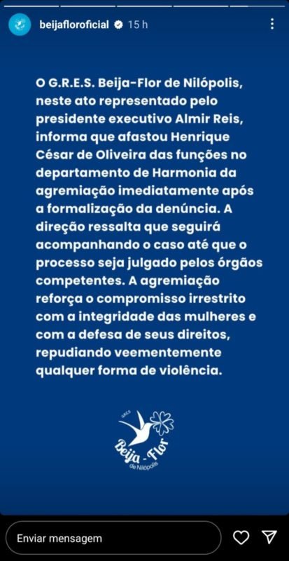 Print de comunicado da Beija-Flor sobre afastamento de diretor - Metrópoles