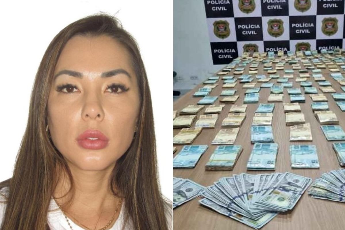 Montagem com duas imagens coloridas. À esquerda, foto da Japa do PCC. À direita, dinheiro encontrado com ela