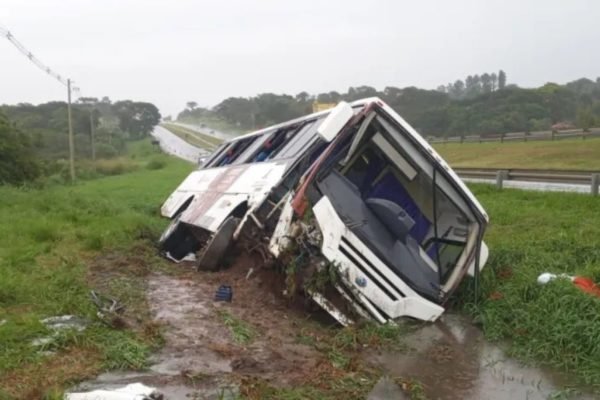 Imagem de ônibus tombado em região de mata - Metrópoles