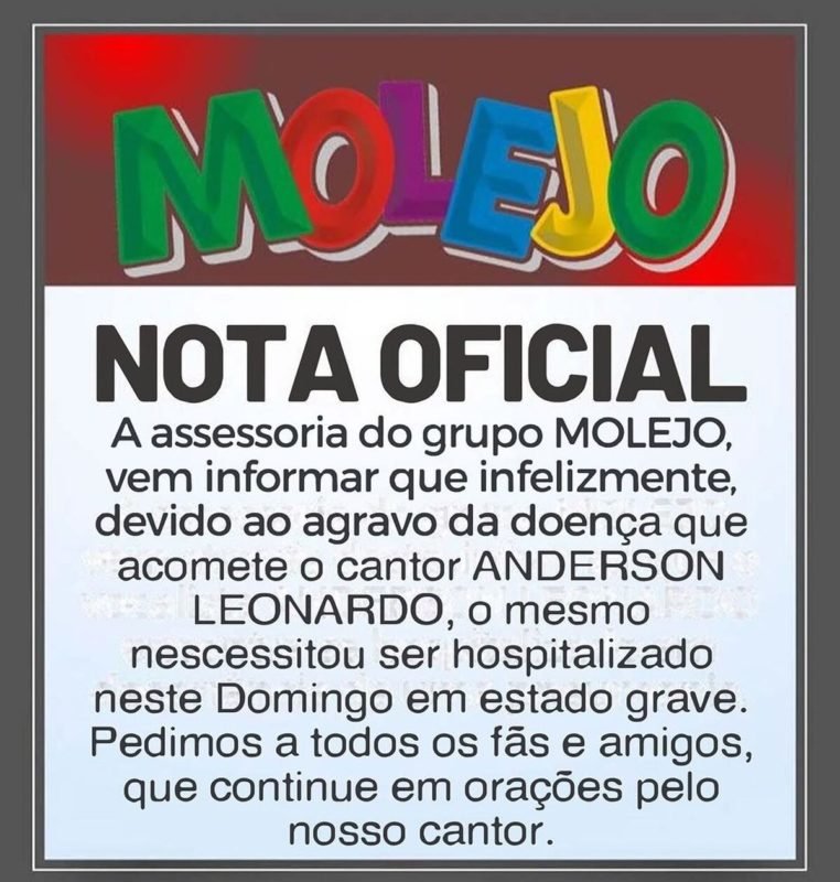 Print da assessoria do grupo Molejo sobre nova internação de Anderson Leonardo - Metrópoles