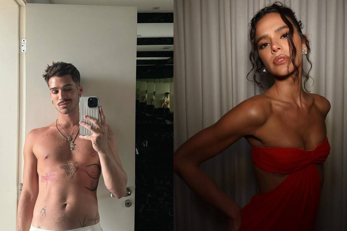 Montagem com fotos coloridas de João Guilherme e Bruna Marquezine