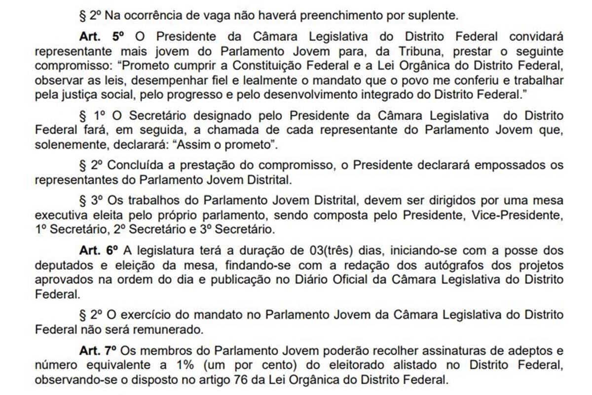 Imagem de projeto de resolução protocolado na Câmara Legislativa do DF que cria Parlamento Jovem Distrital