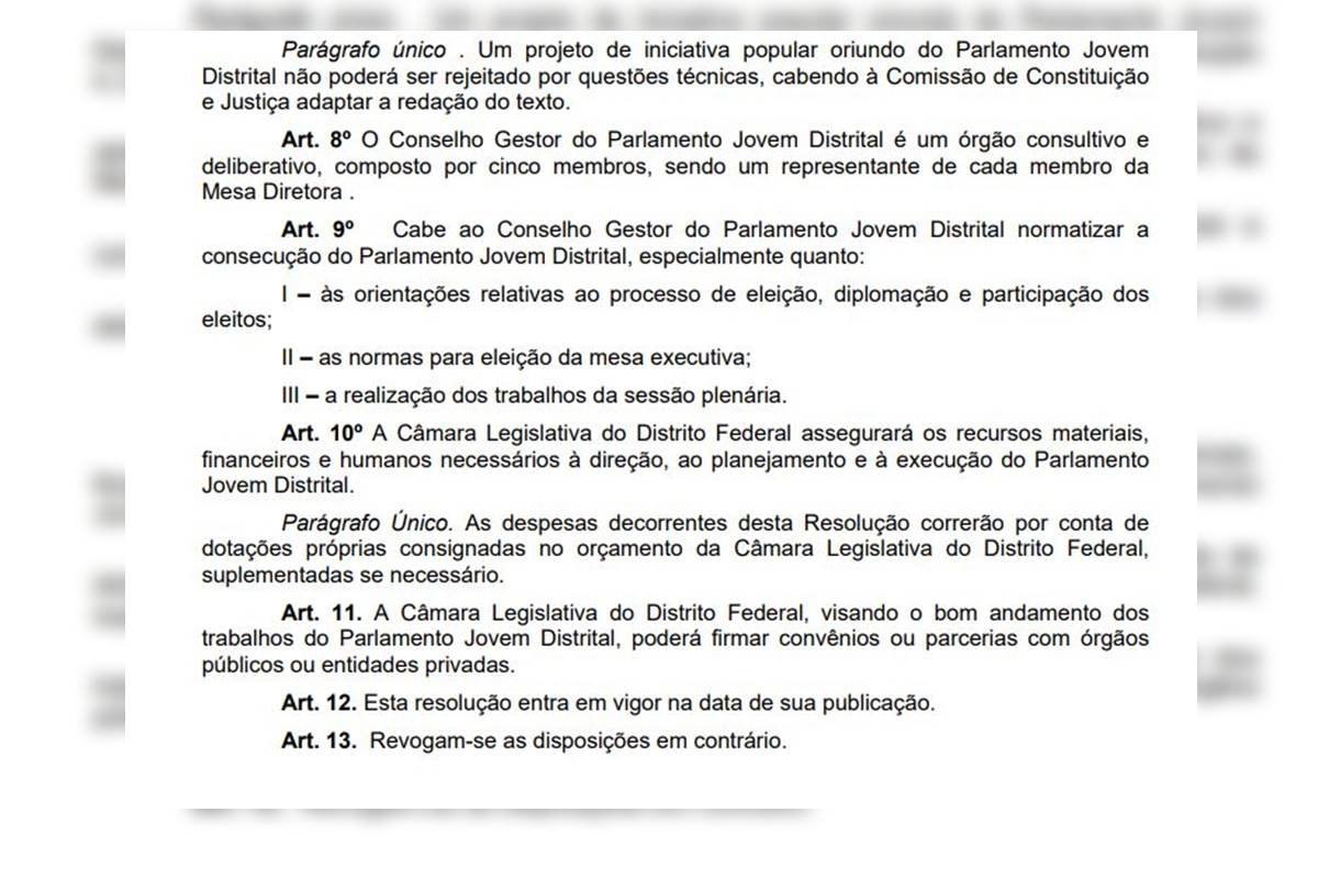 Imagem de projeto de resolução protocolado na Câmara Legislativa do DF que cria Parlamento Jovem Distrital