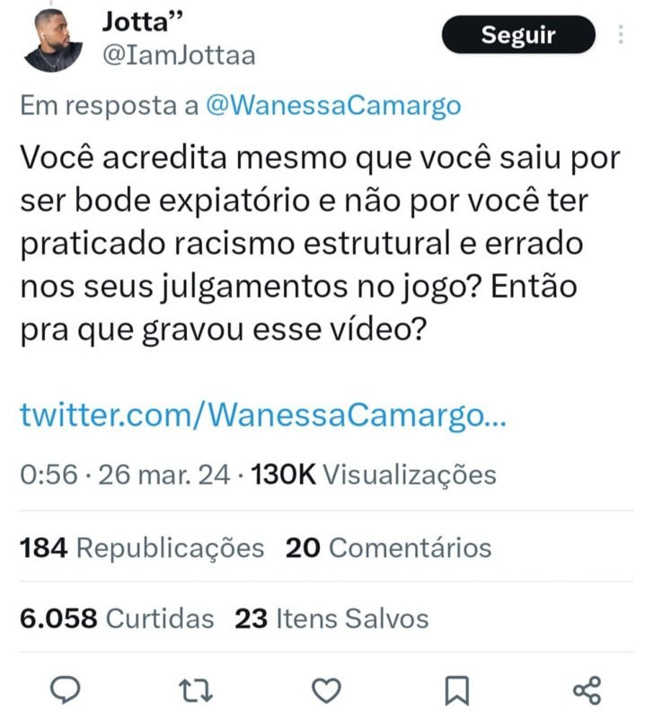 Print do comentário de um internauta sobre o post de Wanessa a respeito da briga no BBB24 - Metrópoles