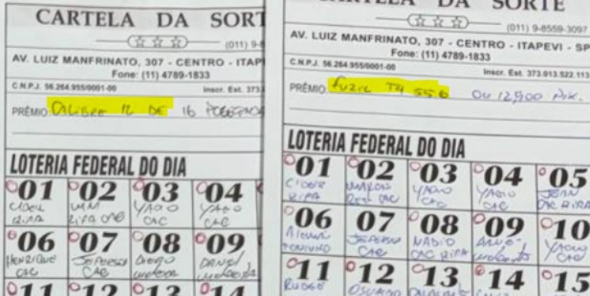 foto colorida de cartelas de rifa de armas de fogo apreendidas pela polícia em SP - Metrópoles