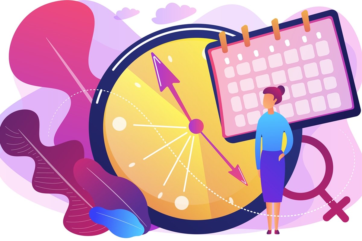 Ilustração de mulher com relógio e calendário representando a menopausa - Metrópoles