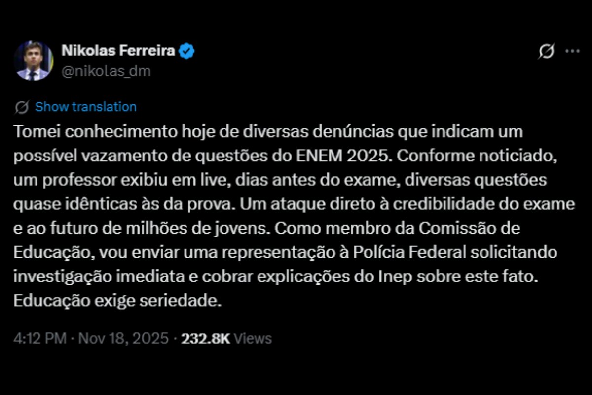 Imagem colorida de publicação de Nikolas Ferreira - Metrópoles