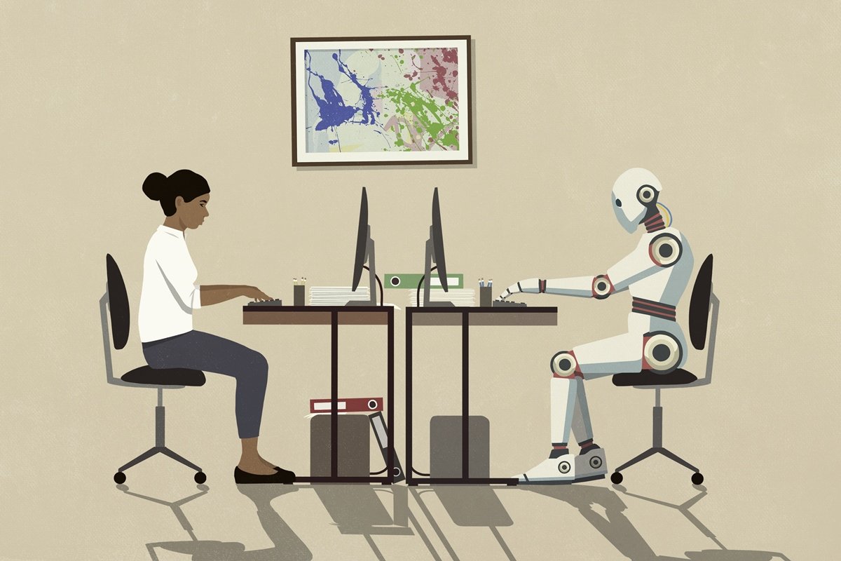 Ilustração colorida de mulher trabalhando ao lado de um robô -Metrópoles. 