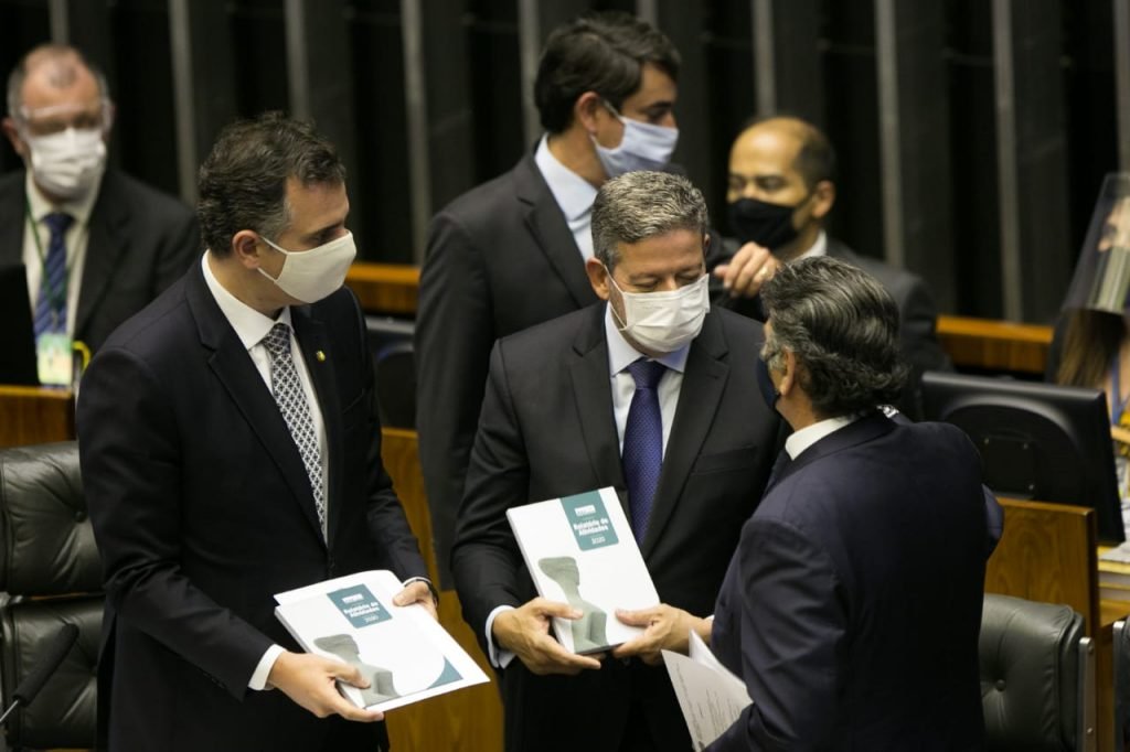 Cerimônia de abertura do ano Legislativo no Congresso Nacional. Na foto os presidentes Jair Bolsonaro, Rodrigo Pacheco e Arthur Lira