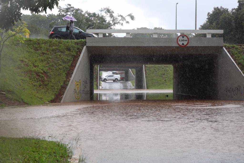 Tesourinha da 209/210 e das quadras 109/110 norte alaga após chuva forte em brasília